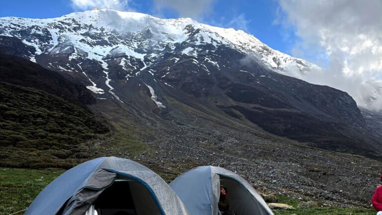 Image Taken by Travel Sifar: The Snow Covered mountain of Nanda Devi East and Camping for 2026. The location is in Munsyari, the Hilly area of Panchhu Village
